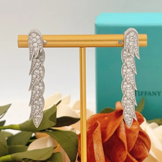 Tiffany Co Feather Pave Drop Earrings earrings Available in 18k yellow gold with clear diamonds 18k white gold with clear diamonds 18k rose gold with clear diamonds 4 5cm drop length