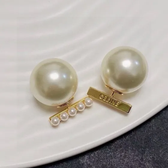 Celine Logo Bar Pearl Double Sided Earrings earrings Gold-tone metal with cream white pearls One Size 2cm bar length 1 5cm large pearl diameter
