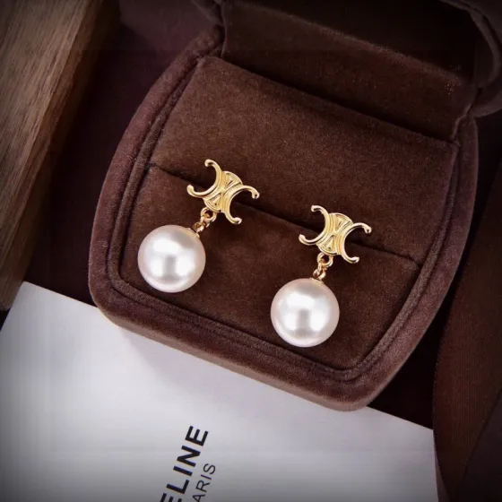 Celine Triomphe Pearl Drop earrings gold-tone metal white pearl 2 5cm drop length