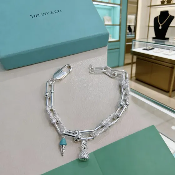 Tiffany Co Tiffany HardWear Charm Bracelet bracelet Sterling silver with clear pave diamonds turquoise blue enamel ice cream charm silver pineapple charm 7 inches