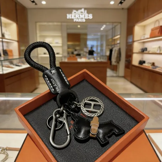 Hermes Bull Dog Charm Keychain pendant Black braided cord black leather tan leather accent gunmetal silver hardware 10cm total length