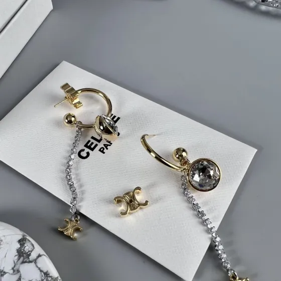 Celine Triomphe Crystal Drop Hoop Earrings earrings gold-tone metal with clear faceted crystals 5cm drop length