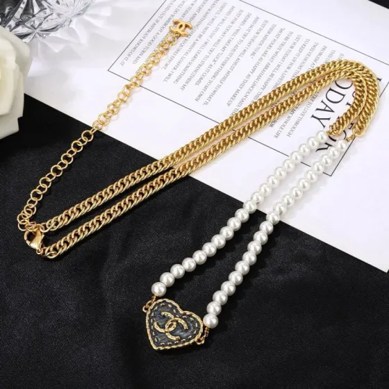 Chanel CC Logo Denim Heart Pearl necklace Gold-tone metal white faux pearl dark blue denim 40cm with 5cm extender