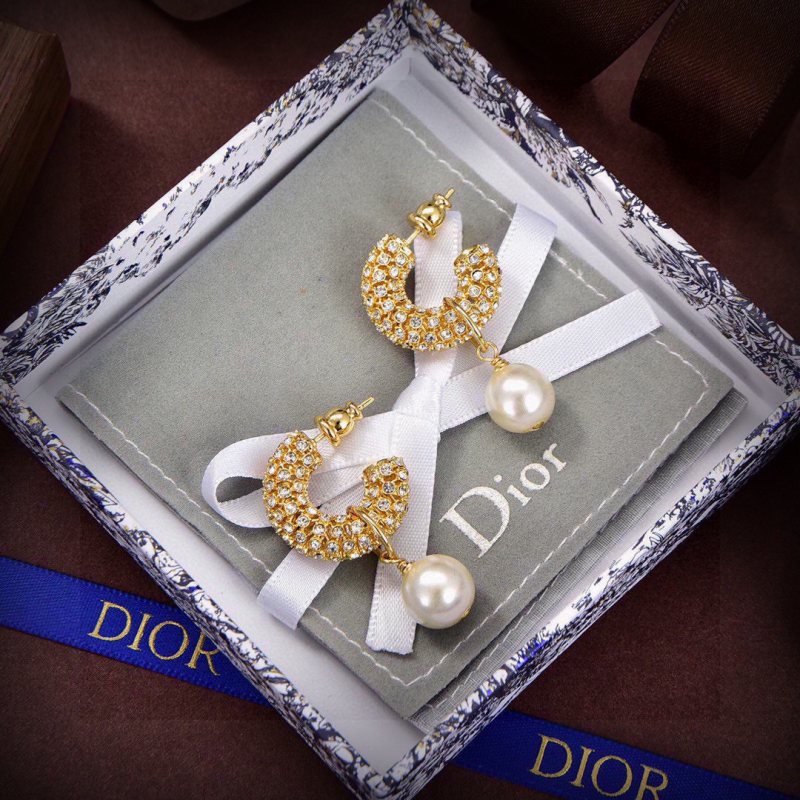 Dior Skeleton Chic earrings gold-tone metal clear crystal pave cream white pearl 1 8cm drop length