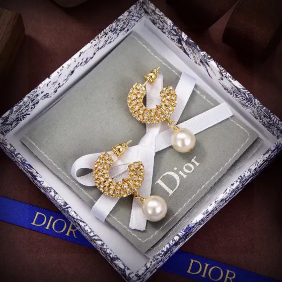Dior Skeleton Chic earrings gold-tone metal clear crystal pave cream white pearl 1 8cm drop length