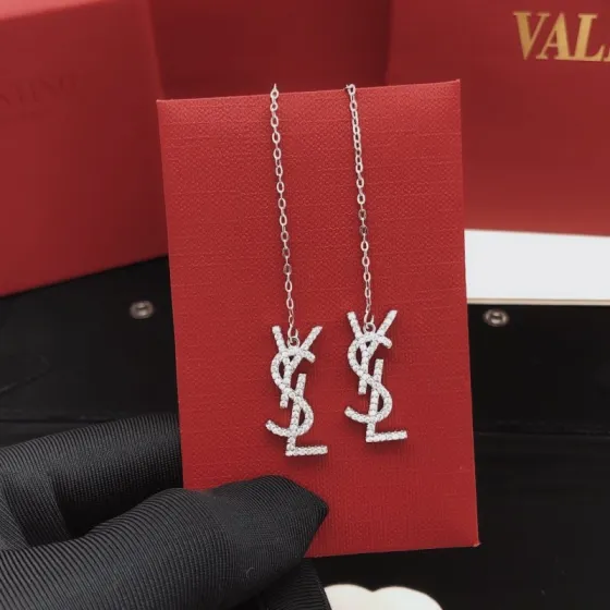 Saint Laurent YED0072 Cassandre Monogram Threader Earrings earrings silver-toned metal with clear pave crystals 6cm total threader length