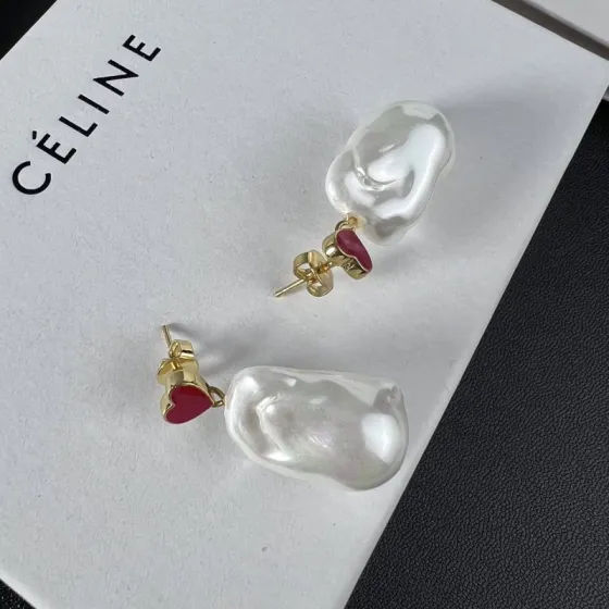 Celine YHED045 Heart Baroque Pearl Drop Earrings earrings gold-tone metal red enamel heart iridescent white baroque pearl 3 2cm drop length