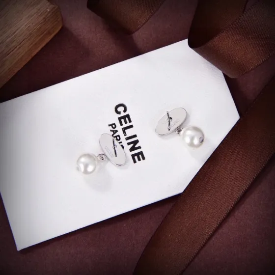 Celine Triomphe Pearl Drop Earrings earrings Gold-tone metal with clear pave crystals and white freshwater pearls One Size standard stud earring drop length