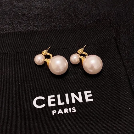 Celine Double Pearl Drop Earrings earrings Gold-tone metal with creamy white faux pearls One size large pearl approx 16mm diameter small pearl approx 8mm