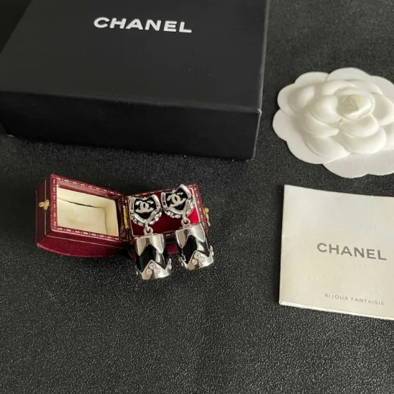 Chanel CC Logo Chevron Drop Earrings earrings Silver-tone metal with black enamel and clear crystal accents 2 5cm drop length