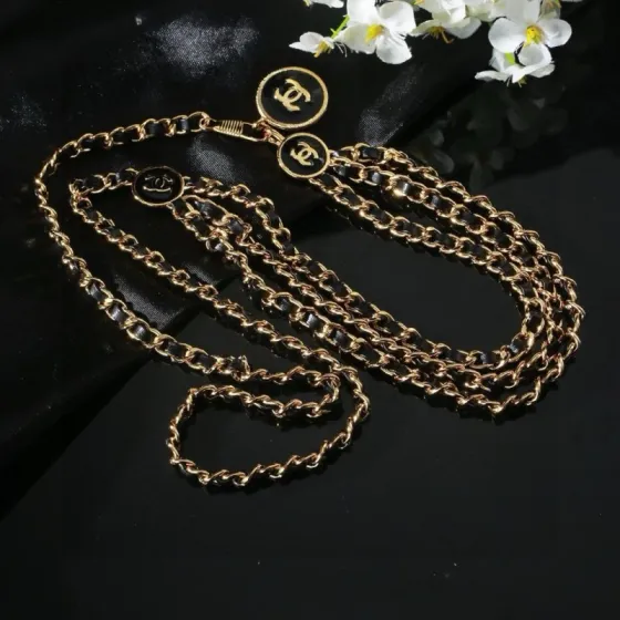 Chanel CC Logo Leather Woven Multi-Strand Chain Belt necklace Gold-tone metal with black leather inlay black enamel CC logo medallions 105cm