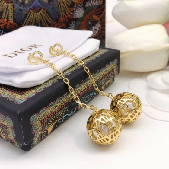 Dior DED0235 earrings gold-tone metal with white faux pearl accents 6cm drop length