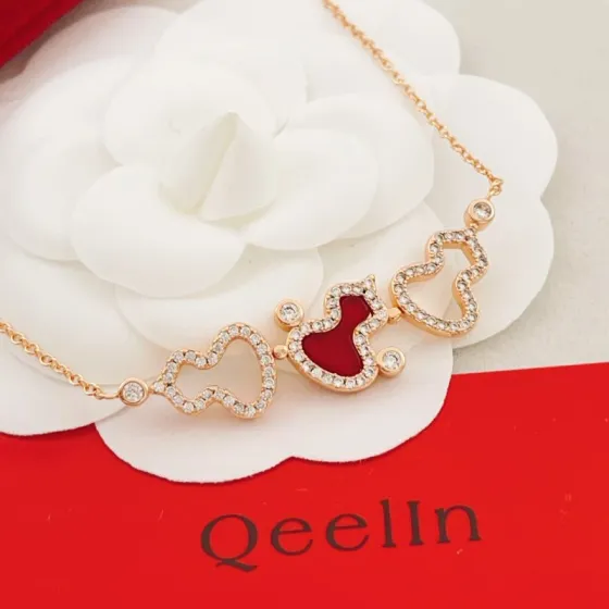 Qeelin Wulu necklace Rose gold metal red carnelian inlay clear diamond accents 42cm with 3cm extender