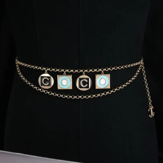 Chanel Coco Charms Double Chain necklace Light gold tone metal black enamel turquoise blue enamel white enamel clear crystal accents 80cm with 10cm extension