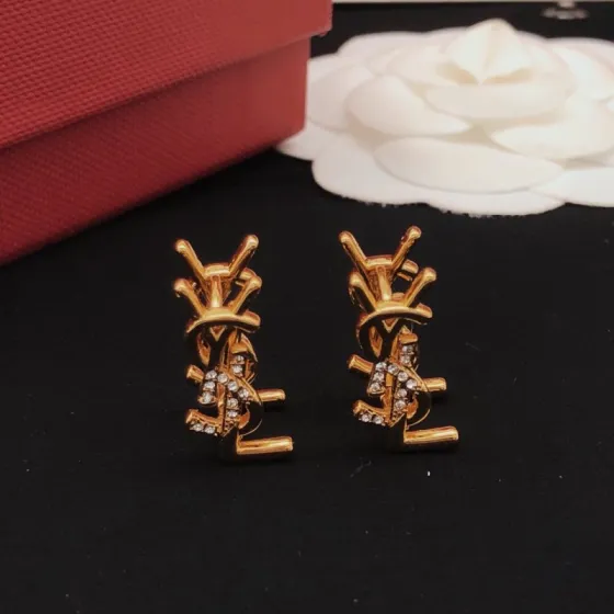 Saint Laurent YED0070 Cassandre Monogram earrings gold-tone metal with clear crystal accents 1 5cm stud length