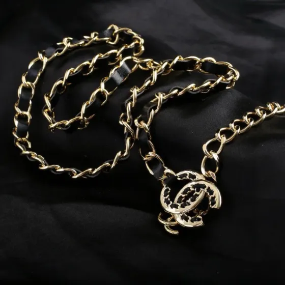 Chanel CC Logo Leather Woven Chain necklace gold tone metal black leather 100cm