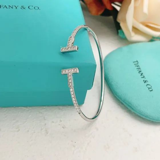 Tiffany Co T Wire bracelet 18k white gold with pave diamonds 17cm