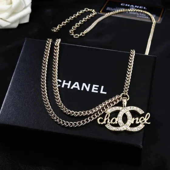 Chanel CC Script Crystal Pearl Waist Chain necklace Light gold metal with clear crystals and white pearl accents 80cm