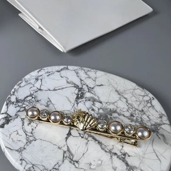 Celine YHFJ055 Seashell Pearl Crystal Hair Barrette brooch Gold-tone metal with cream white pearls and clear faceted crystals 8cm length