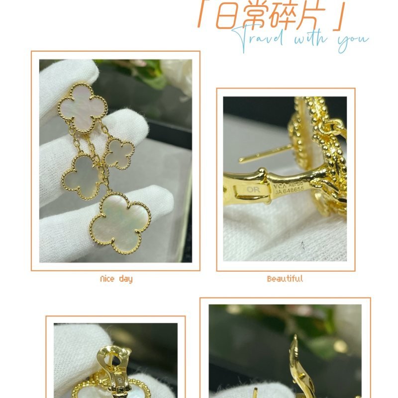 Van Cleef Arpels Magic Alhambra earrings Yellow gold white gold toned metal with white mother-of-pearl clover inlays 4 motifs per ear drop length approximately 6 5cm