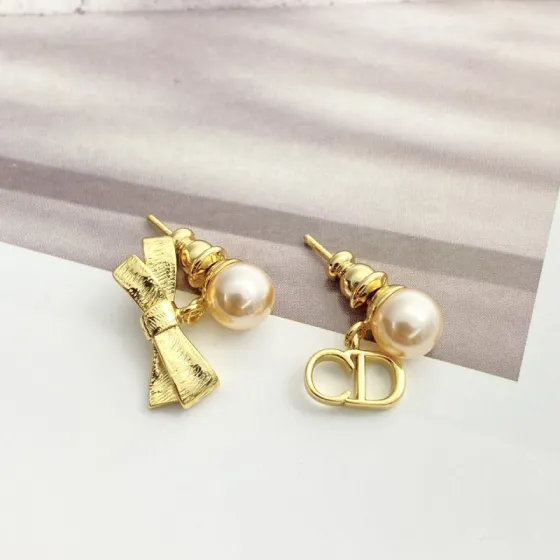Dior Tribales CD Bow Pearl Earrings earrings Gold-tone metal with cream white faux pearls One Size post length 1cm drop length 1 5cm
