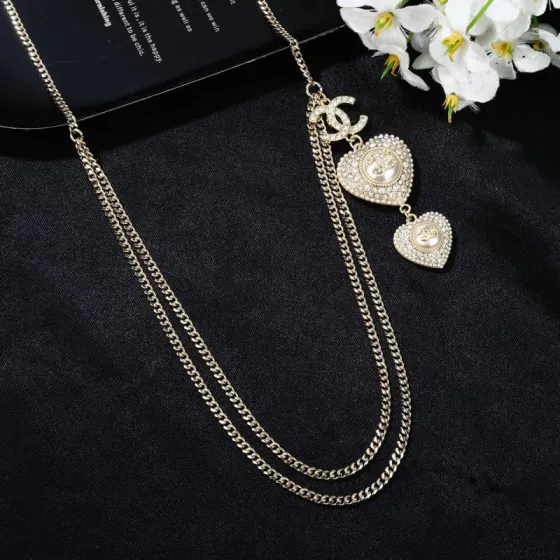 Chanel Goose Double Heart CC Charm Waist Chain necklace Gold-tone metal clear crystal cream faux pearl 80cm