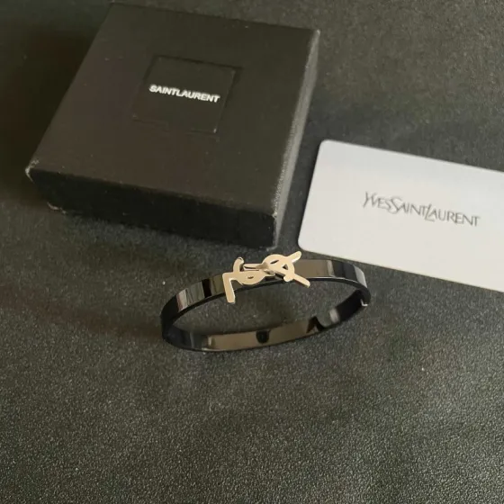 Saint Laurent Cassandre YSL Monogram Bangle bracelet black metal with silver-tone logo 17cm inner circumference