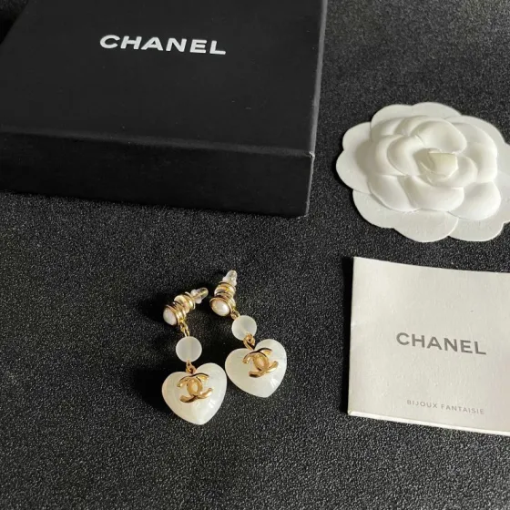 Chanel CC Heart Drop Earrings earrings gold-tone metal white mother-of-pearl effect resin white pearl accent 3 5cm drop length