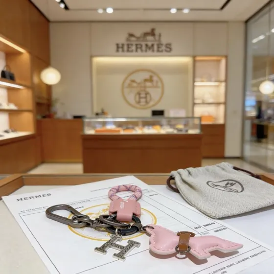 Hermes Buddy H Charm Keychain pendant Gunmetal silver-tone metal light pink leather pink-purple woven cord tan leather accent 10cm total length