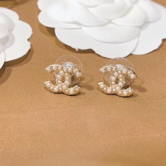 Chanel CC Pearl Stud Earrings earrings gold-tone metal with white faux pearls 1 2cm width per earring