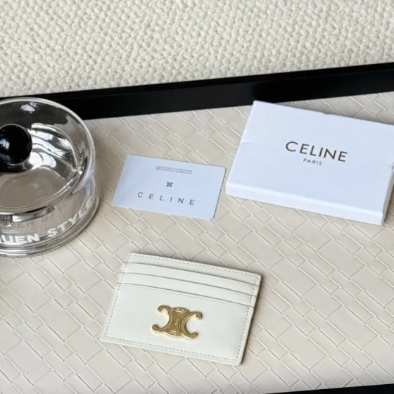 Celine Triomphe card holder off-white smooth leather gold-tone Triomphe metal logo 10 5cm x 7