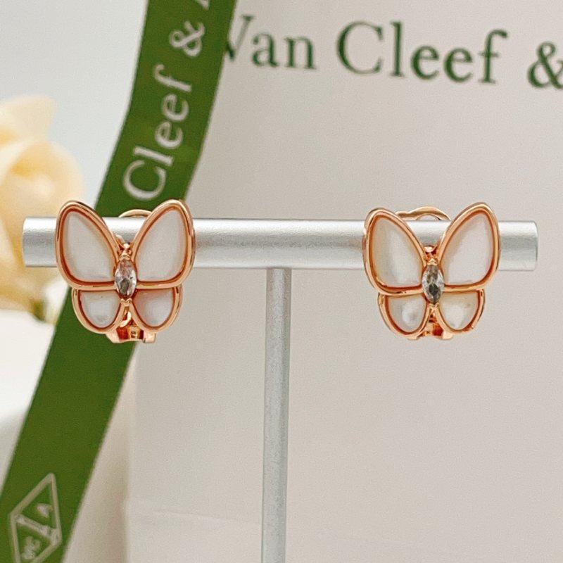 Van Cleef Arpels Two Butterfly earrings rose gold white mother-of-pearl clear diamond 12mm width