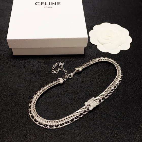 Celine Skeleton Chic Triomphe Choker necklace silver-toned metal with black woven inlay and clear crystal pave Triomphe logo 35cm with 5cm extender