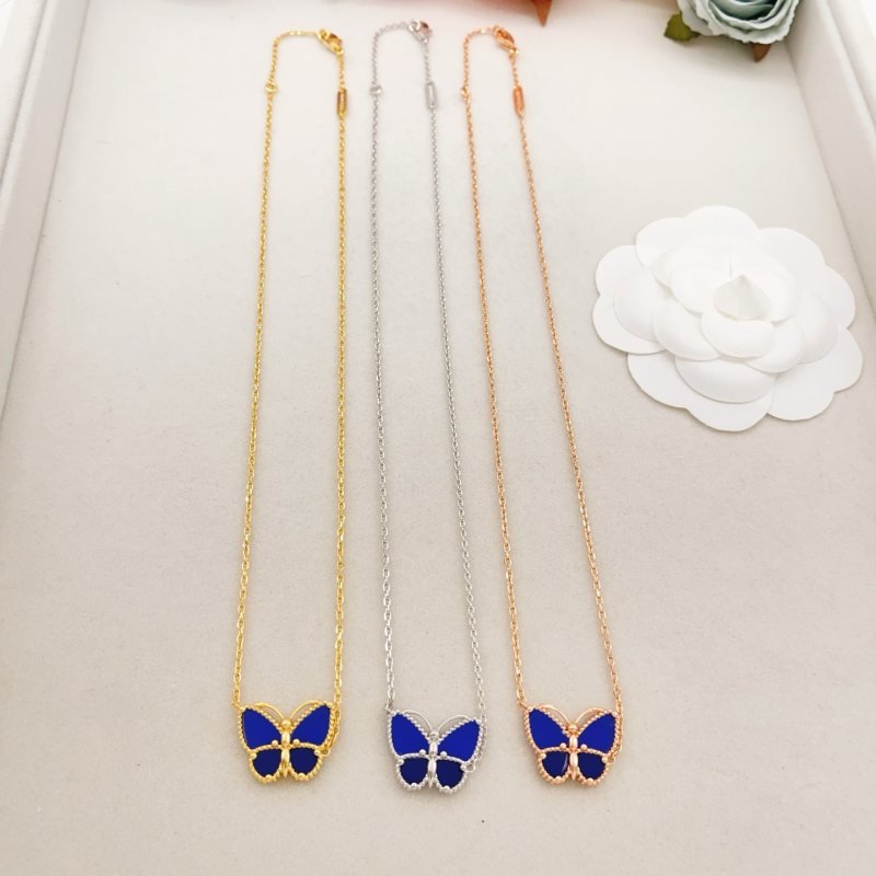 Van Cleef Arpels Lucky Alhambra Butterfly necklace Yellow gold with blue lapis lazuli rose gold with blue lapis lazuli white gold with blue lapis lazuli 42cm