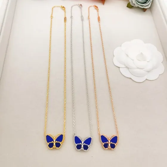 Van Cleef Arpels Lucky Alhambra Butterfly necklace Yellow gold with blue lapis lazuli rose gold with blue lapis lazuli white gold with blue lapis lazuli 42cm