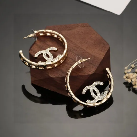 Chanel CC Logo Quilted Crystal Hoop Earrings earrings gold-tone metal with clear crystal accents 4cm diameter