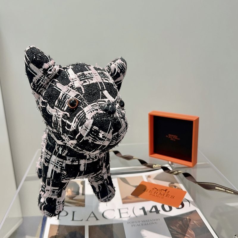 Hermes French Bulldog Plush brooch black with light pink and white tweed pattern black resin nose brown resin eyes 28cm