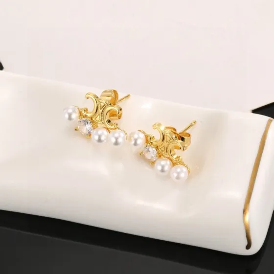 Celine Triomphe Pearl Crystal Stud Earrings earrings Gold-tone metal white pearls clear crystal One Size 1cm width per