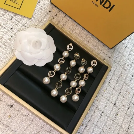 Fendi F Is Fendi Pearl Drop Earrings earrings gold-tone metal clear crystal pave white pearl 6cm drop length