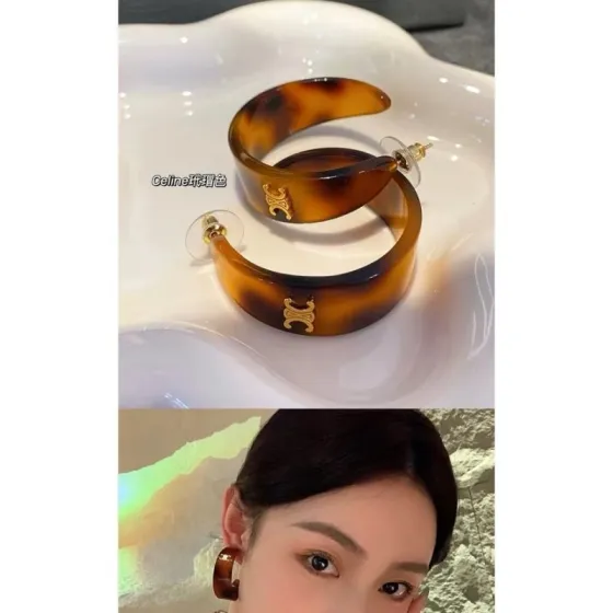 Celine Triomphe Acrylic Hoop Earrings earrings gold-tone metal with tortoiseshell brown amber acrylic 3 5cm hoop diameter