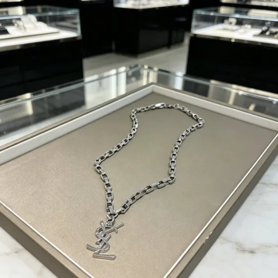 Saint Laurent Cassandre YSL Monogram Pendant Chain necklace silver-toned metal with clear pave crystal accents 60cm