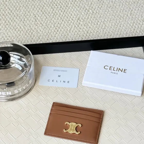 Celine Triomphe card holder tan smooth calfskin leather with gold-tone Triomphe metal logo 10 5cm x 7