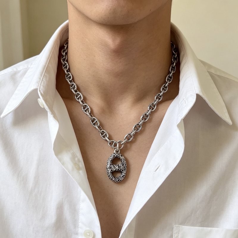 Hermes Farandole Chaine d Ancre Engraved Pendant necklace Antique silver-toned metal with black oxidized engraved detailing 50cm