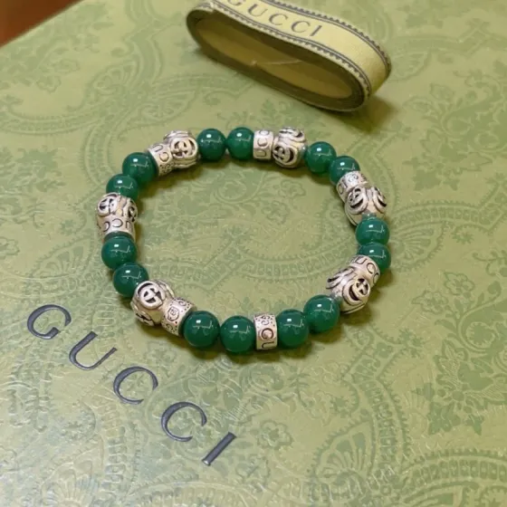 Gucci Anger Forest bracelet aged silver metal dark green stone beads 18cm