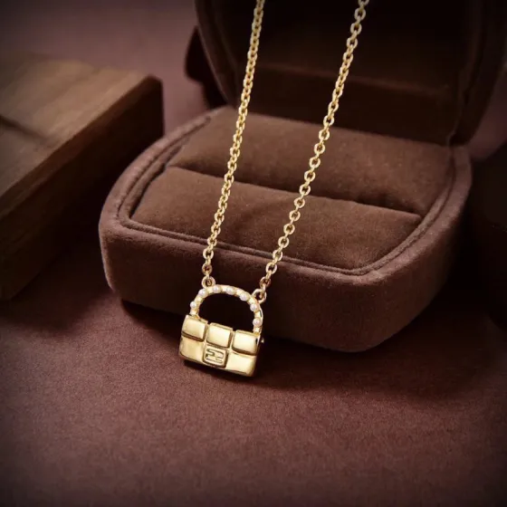 Fendi Baguette Bag Pendant necklace gold-tone metal with white pearl accents 45cm with 5cm extender