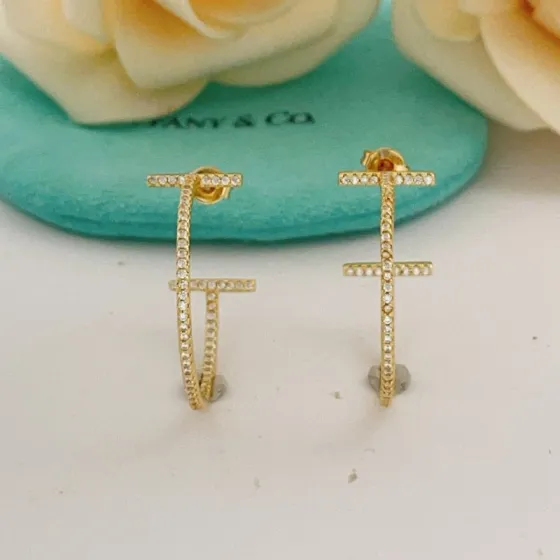 Tiffany T Wire Hoop earrings yellow gold with clear pave diamonds 25mm diameter