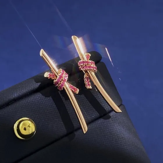 Tiffany Knot earrings rose gold with pink ruby gemstones 3 2cm length