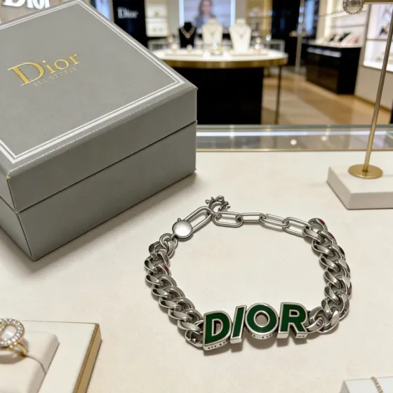 Dior Dior Logo Enamel Chain bracelet Silver-toned metal with green enamel lettering 21cm