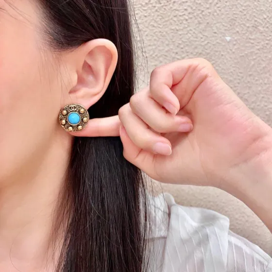 Chanel CC Logo Round Stud Earrings earrings antique gold metal turquoise blue cabochon stone 2cm diameter