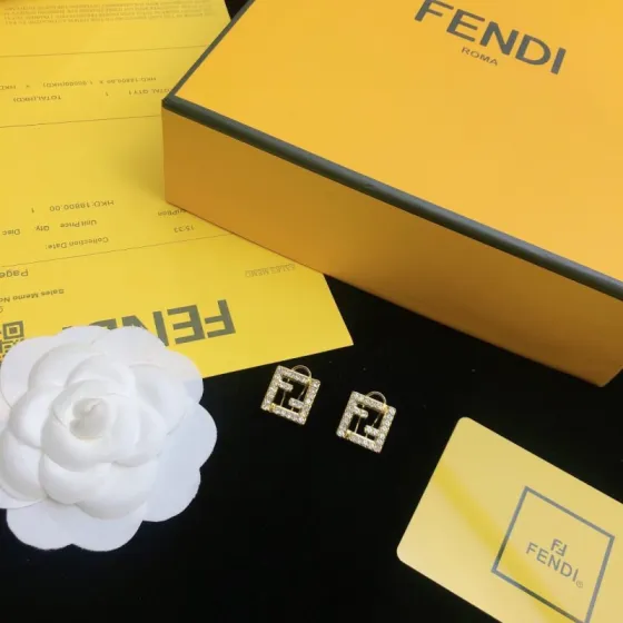 Fendi FF Logo earrings gold-tone metal with clear crystal accents 1 5cm